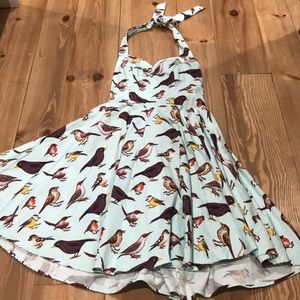 Sundress with birds, tie back halter, mint color